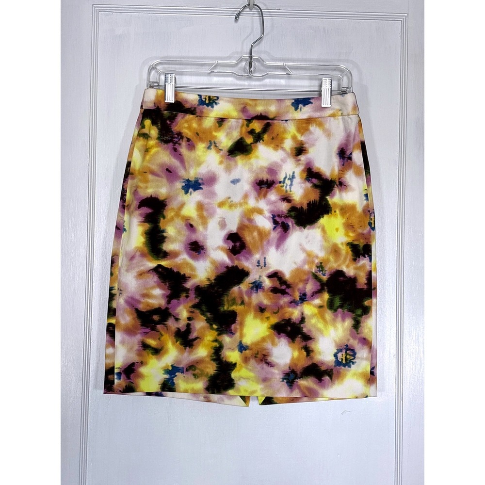 J.Crew Stretch Watercolor Floral Pencil Skirt Yellow Purple Abstract Size 2